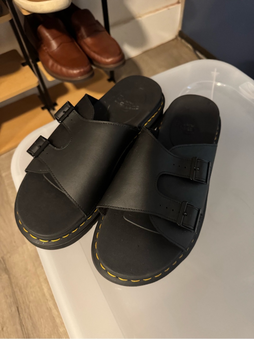 Dr. Martens Black Leather Slide Sandals with Yellow Stitching